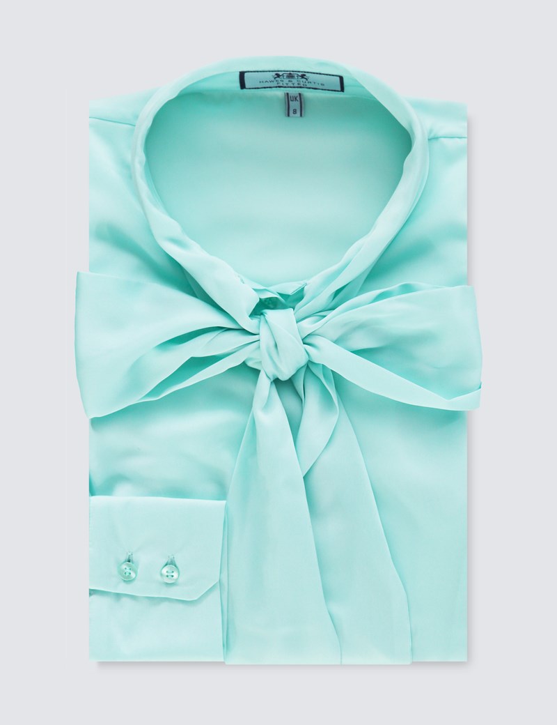 Women S Light Green Plain Fitted Satin Blouse Pussy Bow Hawes And Curtis