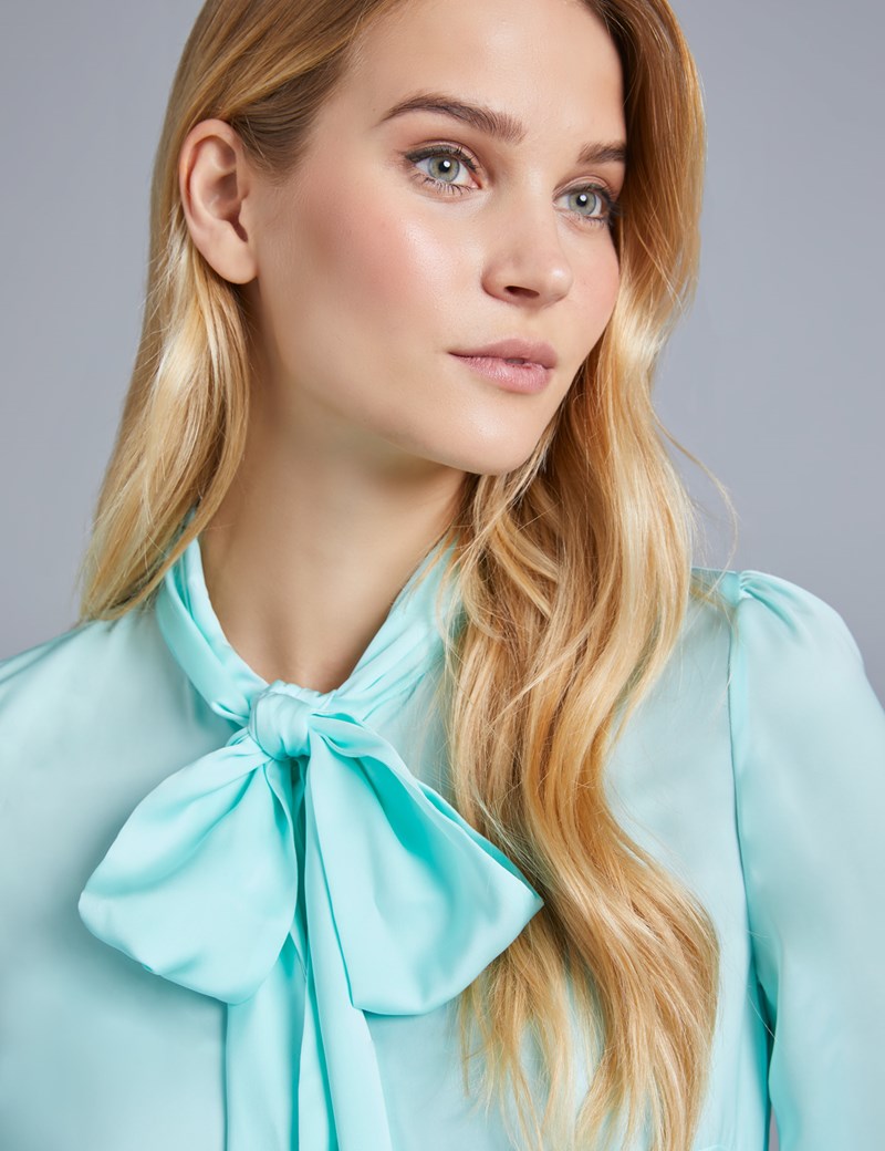 Women's Light Green Plain Fitted Satin Blouse - Pussy Bow | Hawes & Curtis