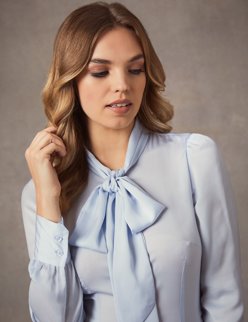 Women S Light Blue Fitted Lightweight Satin Blouse Pussy Bow Hawes