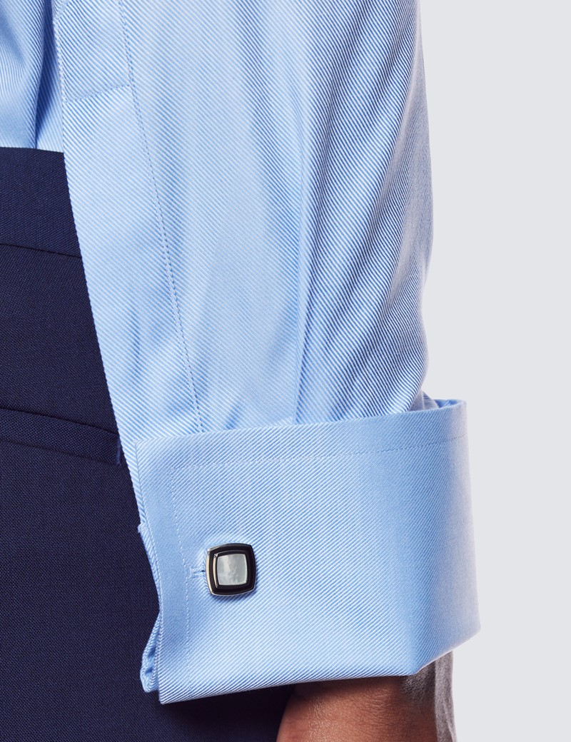 Blue Twill Slim Shirt - High Collar - Double Cuff