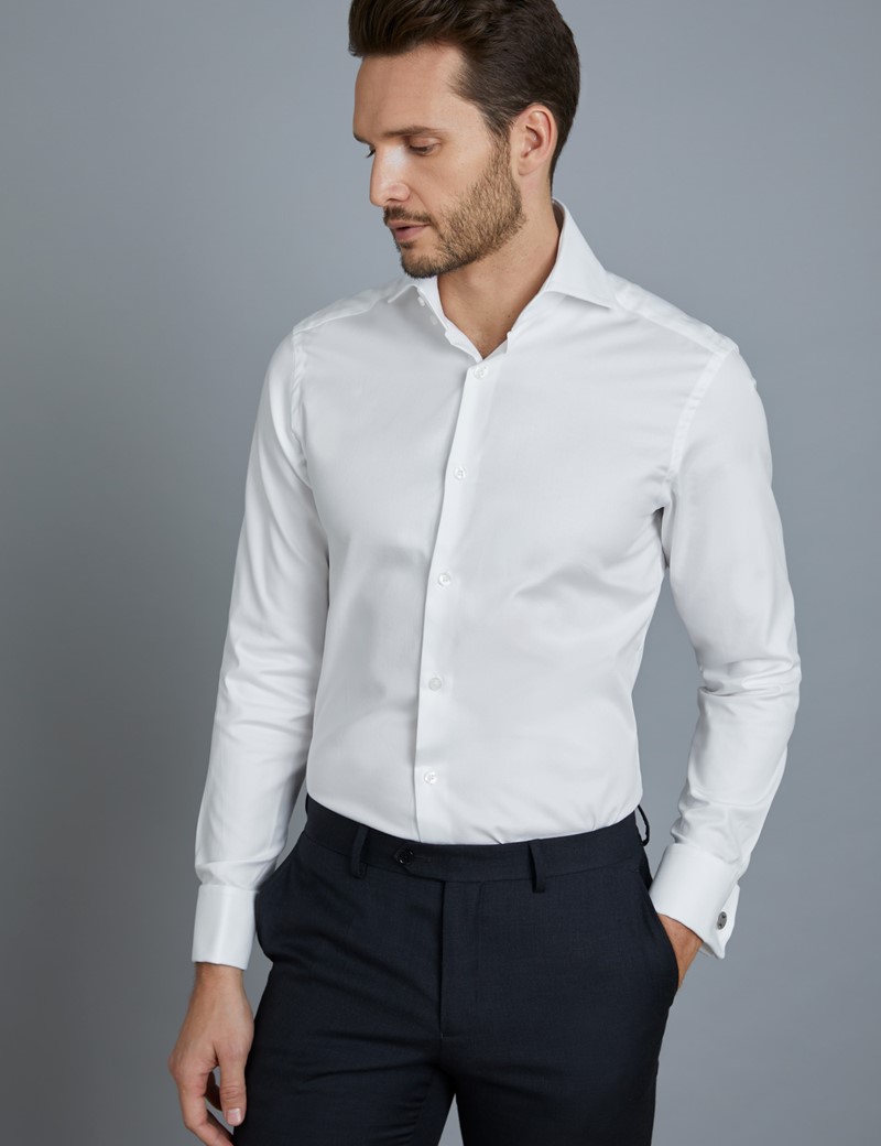 Men's White Twill Slim Shirt - High Collar - Double Cuff | Hawes & Curtis