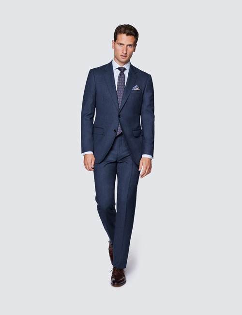 Men's Dark Blue Birdseye Semi Plain Slim Fit Flannel Suit